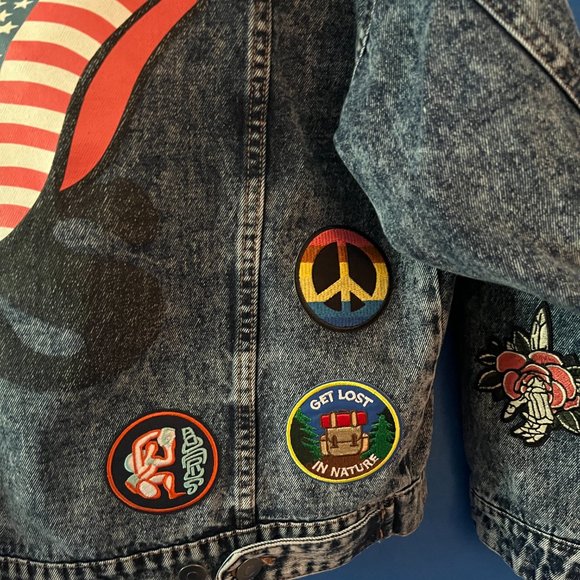 UPCYCLED HANDMADE BY ME ROLLING STONES JEAN JACKET PATCHES GRATEFUL DEAD DENIM - Picture 9 of 16